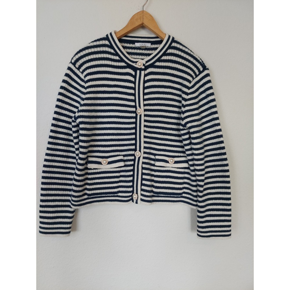 Sioni Womens Navy White Striped‎ Knit Cardigan Faux Pearl Button Sweater Large